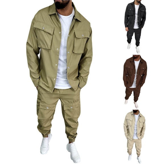 RYDCOT Men's Fleece Cargo Jacket Tracksuit Set 2 Pieces Solid Color Long Sleeve Button up Shirt Jacket and Cargo Pants Set with Muti Pockets Coffee