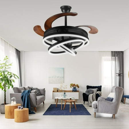 

42 Retractable Ceiling Fans with Lights and Remote Modern LED Semi Flush Fan Light Retractable Geometric Ceiling Fan 3 Color 6 Speed Smart Pendant Light for Indoor Bedroom Dining Room etc