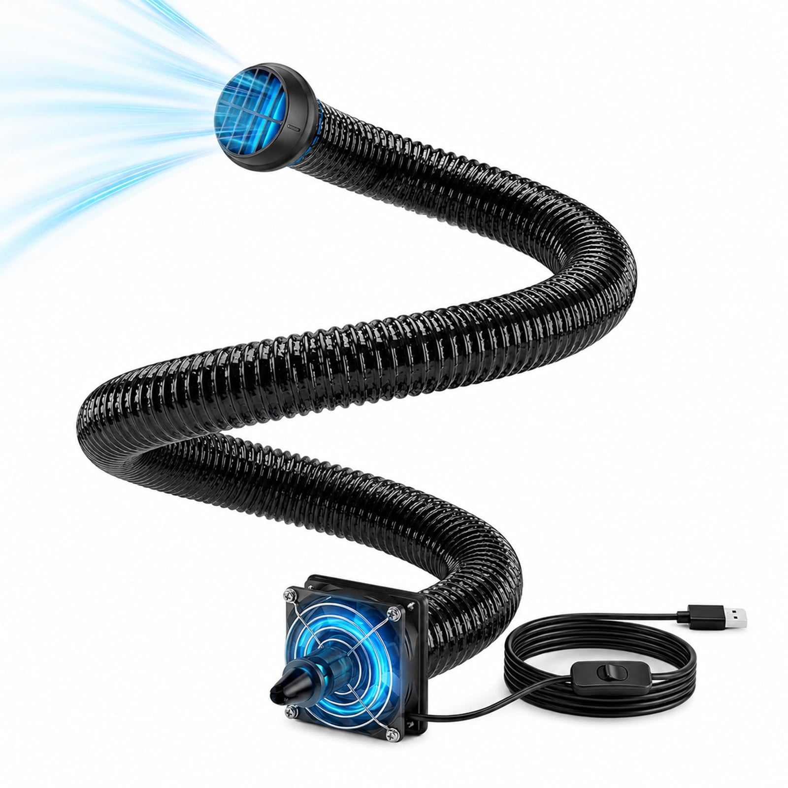 Black Car Air Conditioning Duct 300cm, Rear Seat Vent Extension with Booster Fan – 360° Nozzle for Truck RV, Plug and Play USB Cooling, Summer Driving Essential