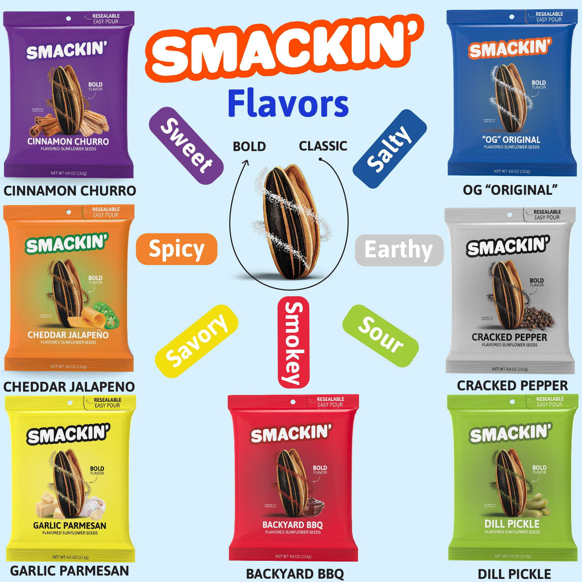 (4 pack) SMACKIN' Sunflower Seeds, Garlic Parmesan, 4 oz Resealable Bag