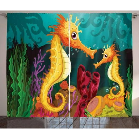 Curtains And Drapes Near Me Underwater Curtains 2 Panels Set, Two Seahorses under the Sea near the Seaweeds Image Underwater Habitat Theme, Window Drapes for Living Room Bedroom, 108W X 84L Inches, Multicolor, by Ambesonne ()