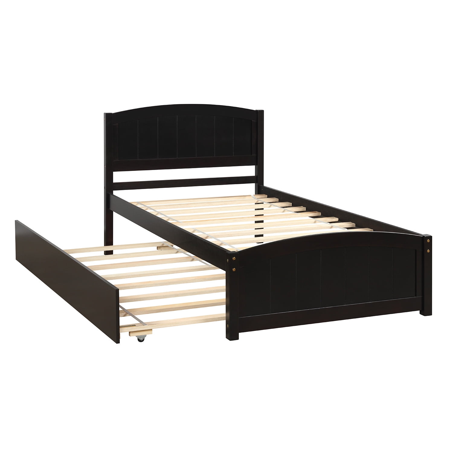Mintazer Farmhouse Solid Wood Twin Platform Bed Frame with Trundle for Teens, Boys, Girls, No Box Spring Needed, Espresso