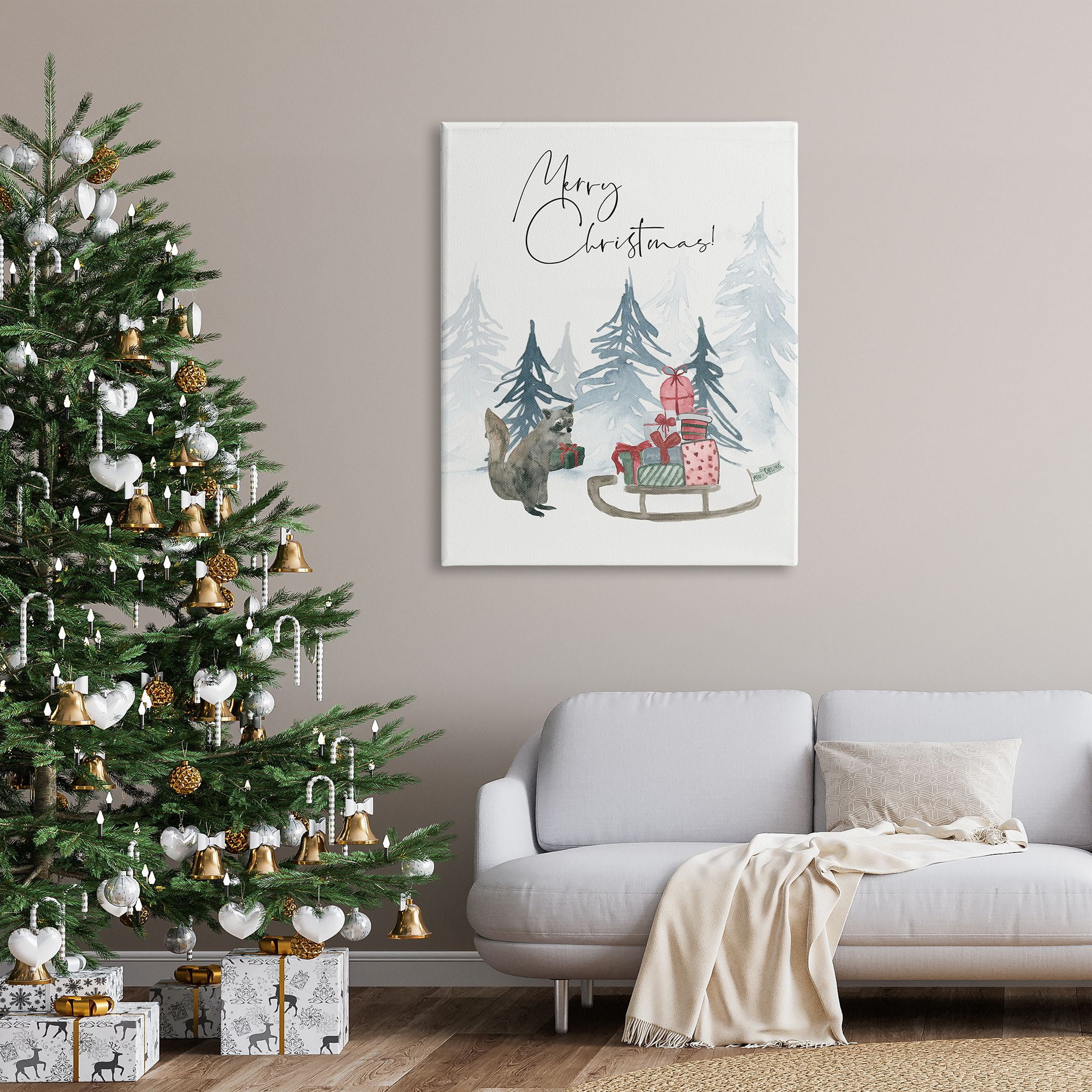 Stupell Indtries Merry Christmas Phrase Adorable Racoon Forest Present Sleigh,36 x 48,Design by Lucille Price