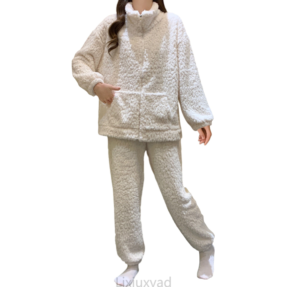Lixiuxyad Soft Winter Flannel Pajama For Cozy Long Sleeve Thermal Sleepwear With Elegant Jacquard Pattern Comfortable Loungewear Two Piece Outfit For Cold Nights Womens Pajama Sets L