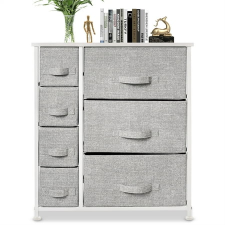 Bigroof Dresser for Bedroom Chest of Drawers Storage Organizer with Fabric Bins Steel Frame Wood top for Kids Bedroom Nursery Closet (Light Gray-7 Drawers)
