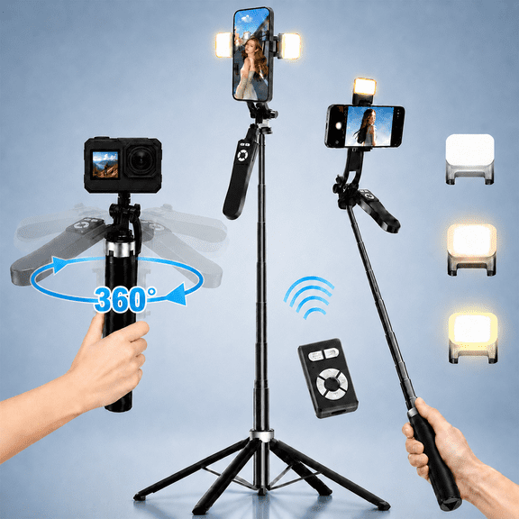 TIKBBRMG Phone Tripod and Selfie Stick 71in Extendable Phone Stand with Light, Remote & Rotatable Grip for Travel/Selfie/Recording/Vlogging, Compatible with iPhone/Android (Black)