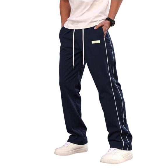 GrmtClth Mens Pants Comfort‑style Side White Double Stripe With Label Drawstring Elastic Waist Trousers Daily Street Wear Navy L