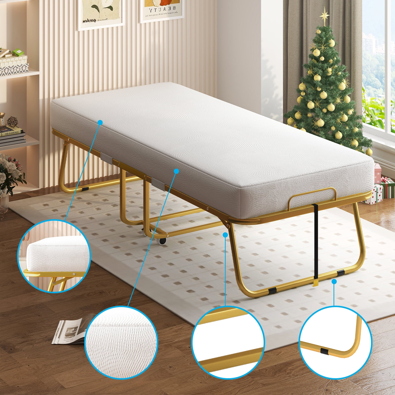 MUZZ Folding Bed with 4 Inch Foam Mattress, 75" x 31" Rollaway Bed with Sturdy Metal Frame, Foldable Guest Bed for Adults, Basic