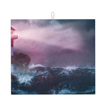 

Lukts lighthouse Waves Torrential Rain Print Ultra Water Dish Drying Mat Slip Resistant Pad for Sink Dishes or Under Rack Kitchen Counter Accessories
