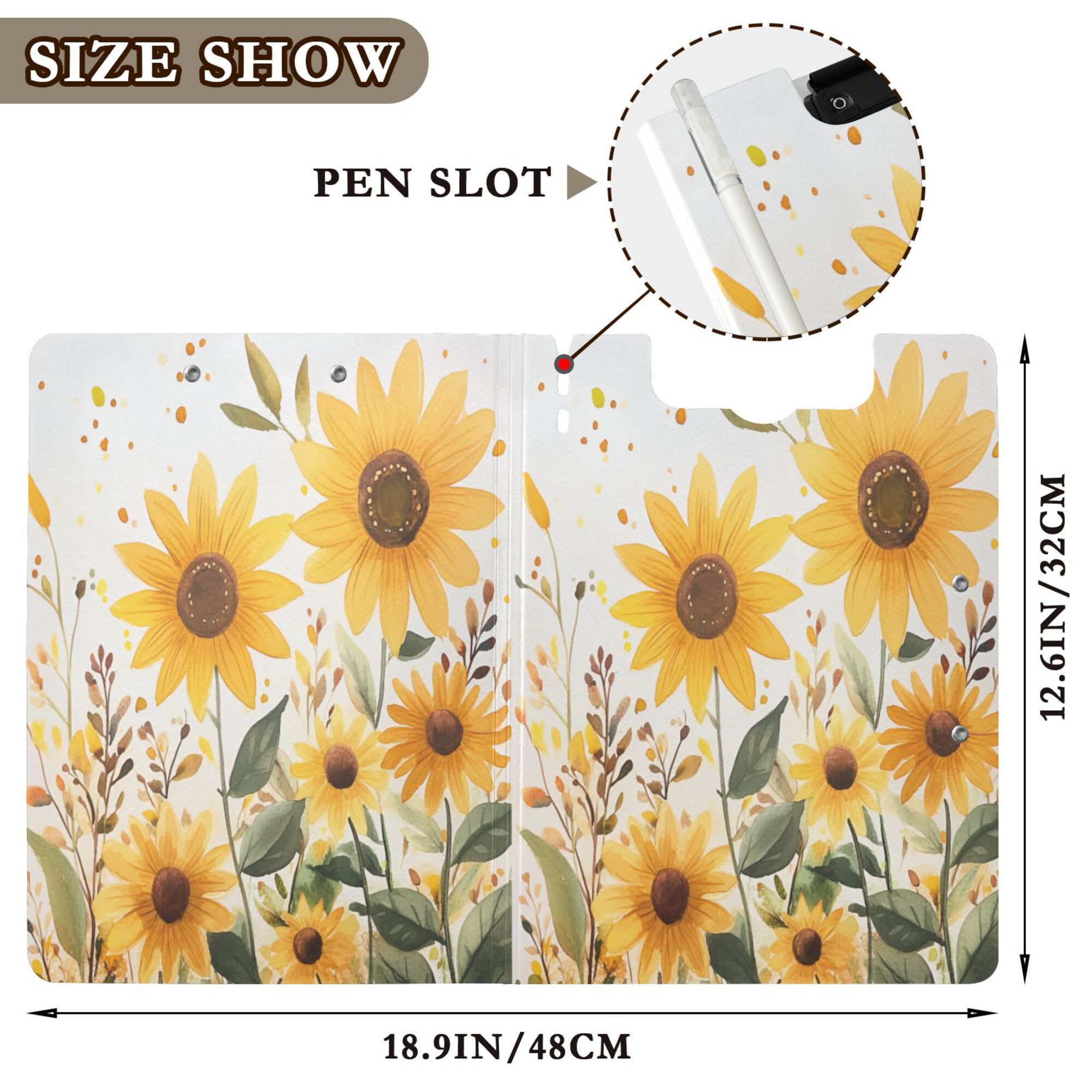 FORMRS A4 Clipboard Folder with Pen Holder Horizontal Foldable School Office Binder, Beige Sunflowers