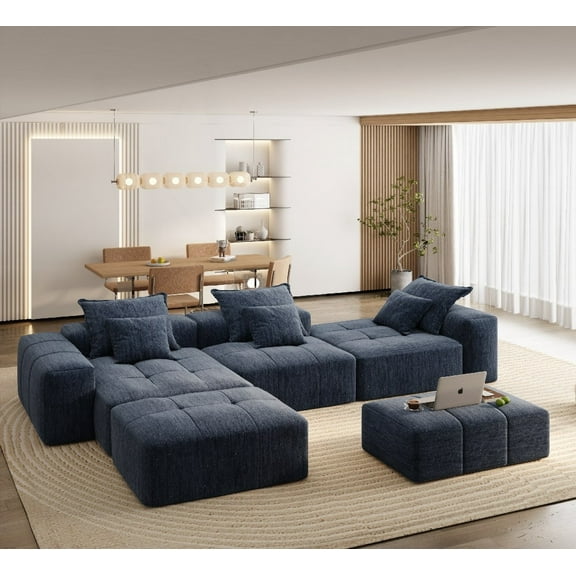 Modern Sparkling Chenille Fabric 6-Piece DIY Sectional Sofa in Blue (184.25"L x 56.69"W x 25.6"H)
