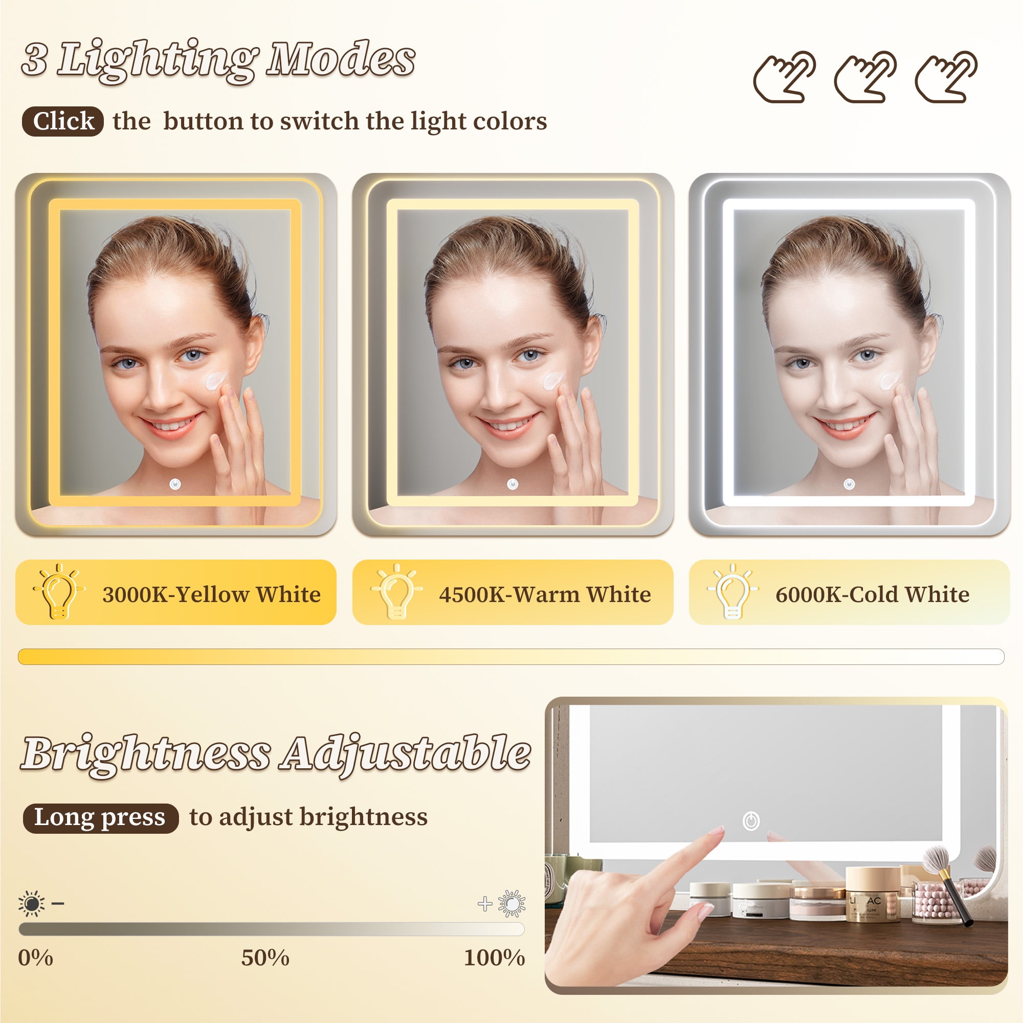 EnHomee Farmhouse Vanity Desk with Mirror and Lights White Vanity with Lighted Mirror Makeup Vanity Set with RGB Cabinets and Storage Drawers