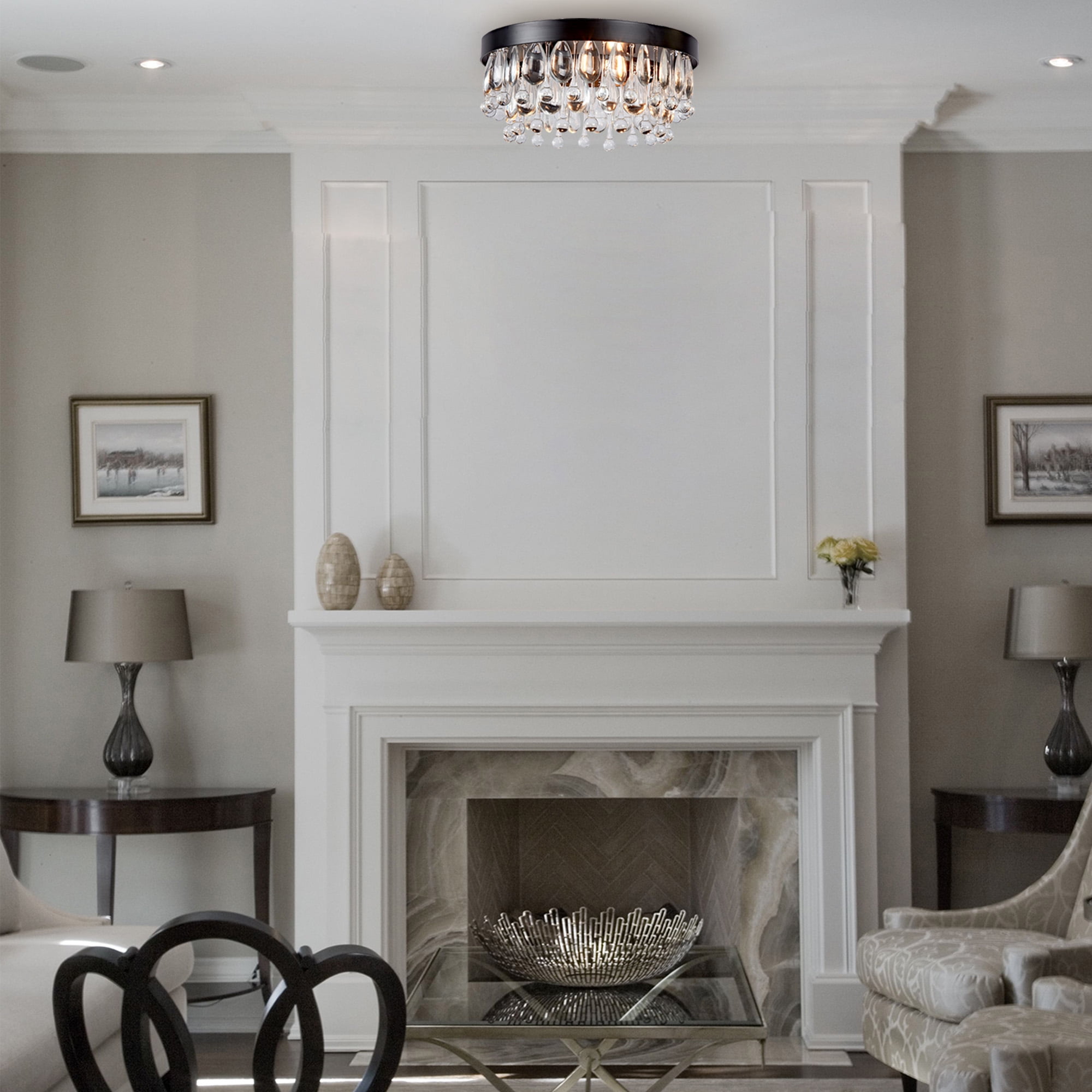 Mordern Matte Black Semi Flush Mount, 15 Inch Crystal Droplets Flush Mount Light, Unique Elegant Metal Close to Ceiling Light for Lving Room, Dining Room, Bedroom