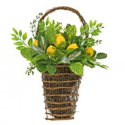 National Tree Company Artificial Hanging Wall Basket, Wicker Base, Decorated with Lemons, Seed Pods, Leafy Greens, Spring Collection, 21 Inches