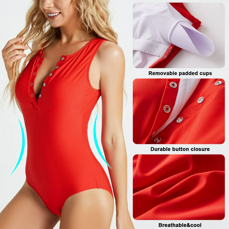 BALEAF Women's Button Down Modest Athletic One Piece Swimsuits Red XL
