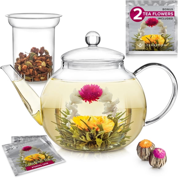 Teabloom Stovetop & Microwave Safe Glass Teapot (40 OZ / 1.2 L) with Removable Loose Tea Glass Infuser - Includes 2 Blooming Teas