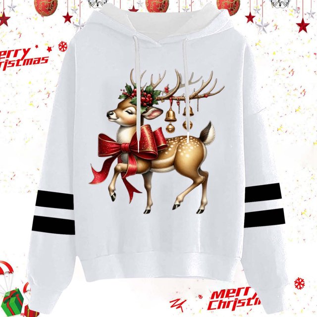 WILLBEST Sweat à Capuche pour Femmes et Hiver Mode Noël Nœud Rouge Imprimé Cerf Sweat à Capuche avec Cordon pour Adultes
