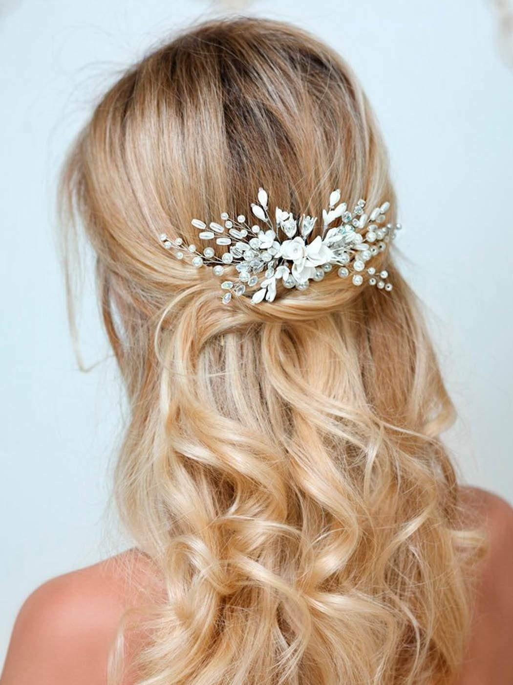 Barogirl Wedding White Flower Hair Comb Clip Crystal Bride Hair Piece
