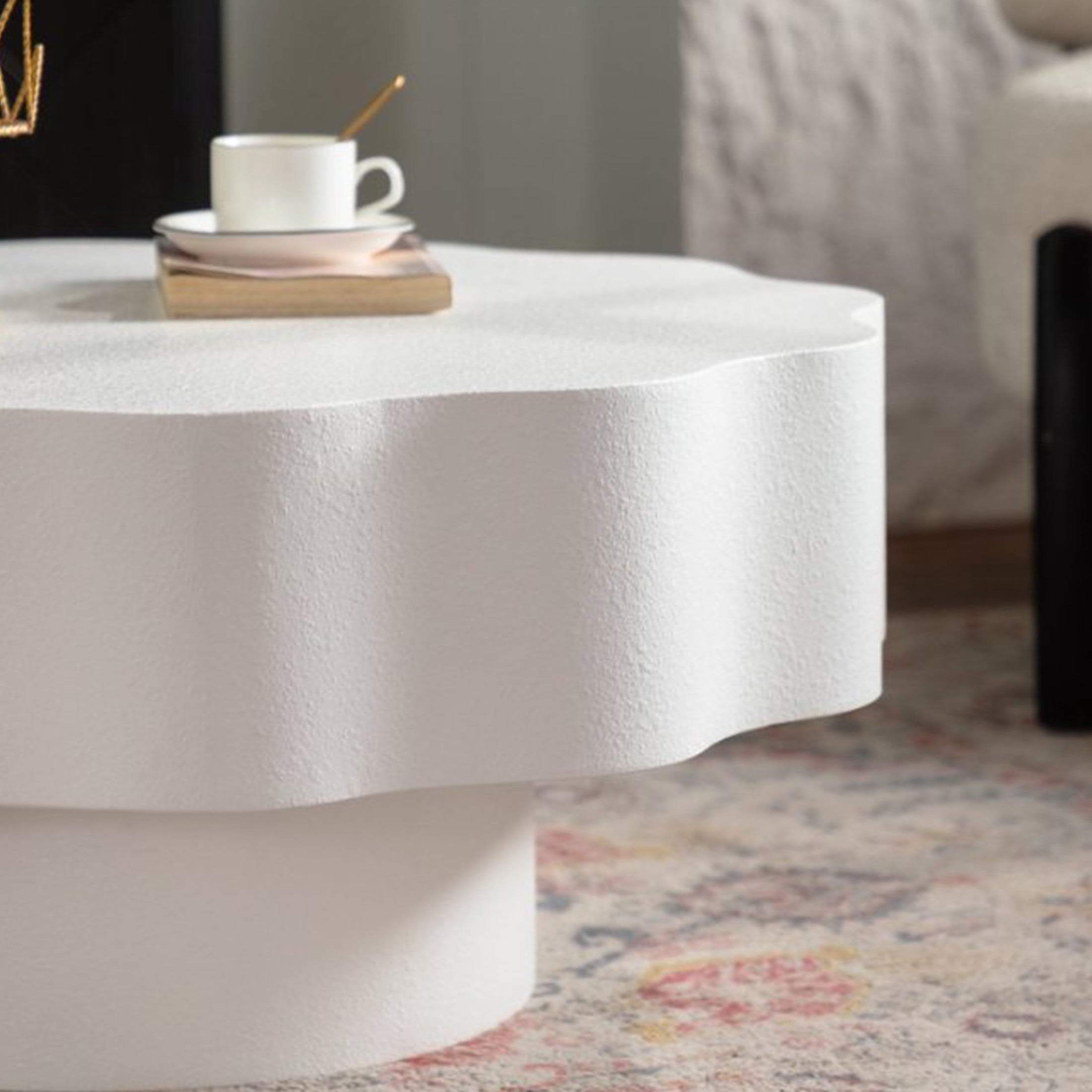 Noble House Rostin 31.5" Scalloped Coffee Table, Modern Wave-Edge Round Accent Table for Stylish Spaces, Cream White
