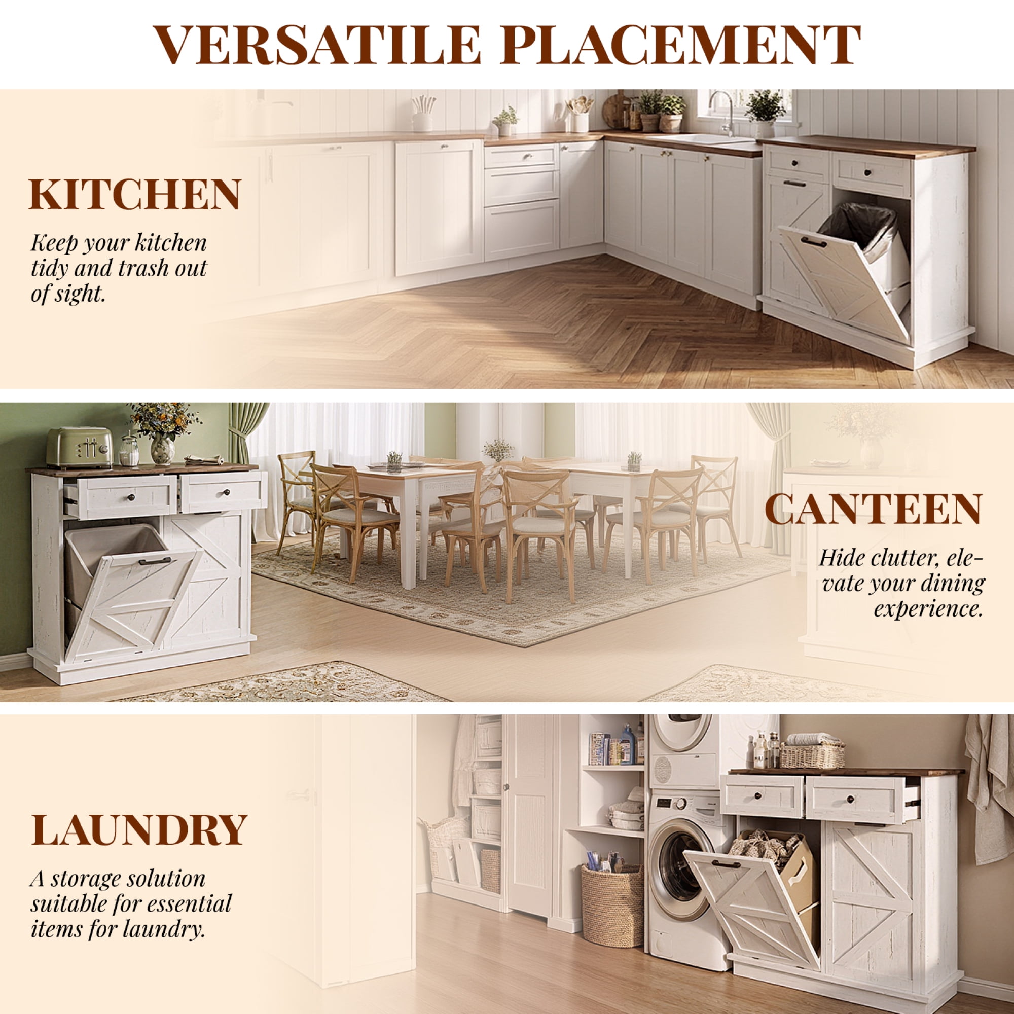 HOQBN Tilt Out Trash Can Cabinet, Farmhouse Wooden Double 10-Gallon Hidden Garbage Bin with Drawer, Dog Proof Storage Cabinet for Kitchen, Laundry and Living Room Brown+White