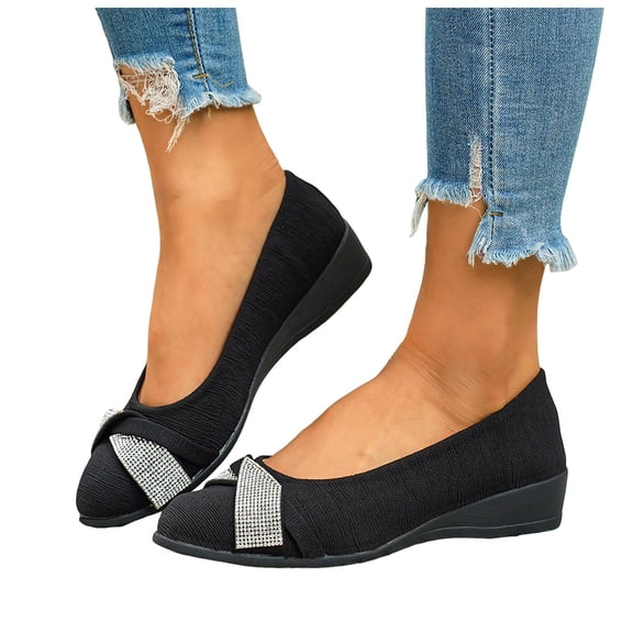 Rokment Bridal Sparkly Rhinestones Bow Wedges Dress Shoes for Women Delicate Glitter Bowknot Mid Heel Suede Pointed Toe Dressy Ballet Flat Loafers Black Size 6