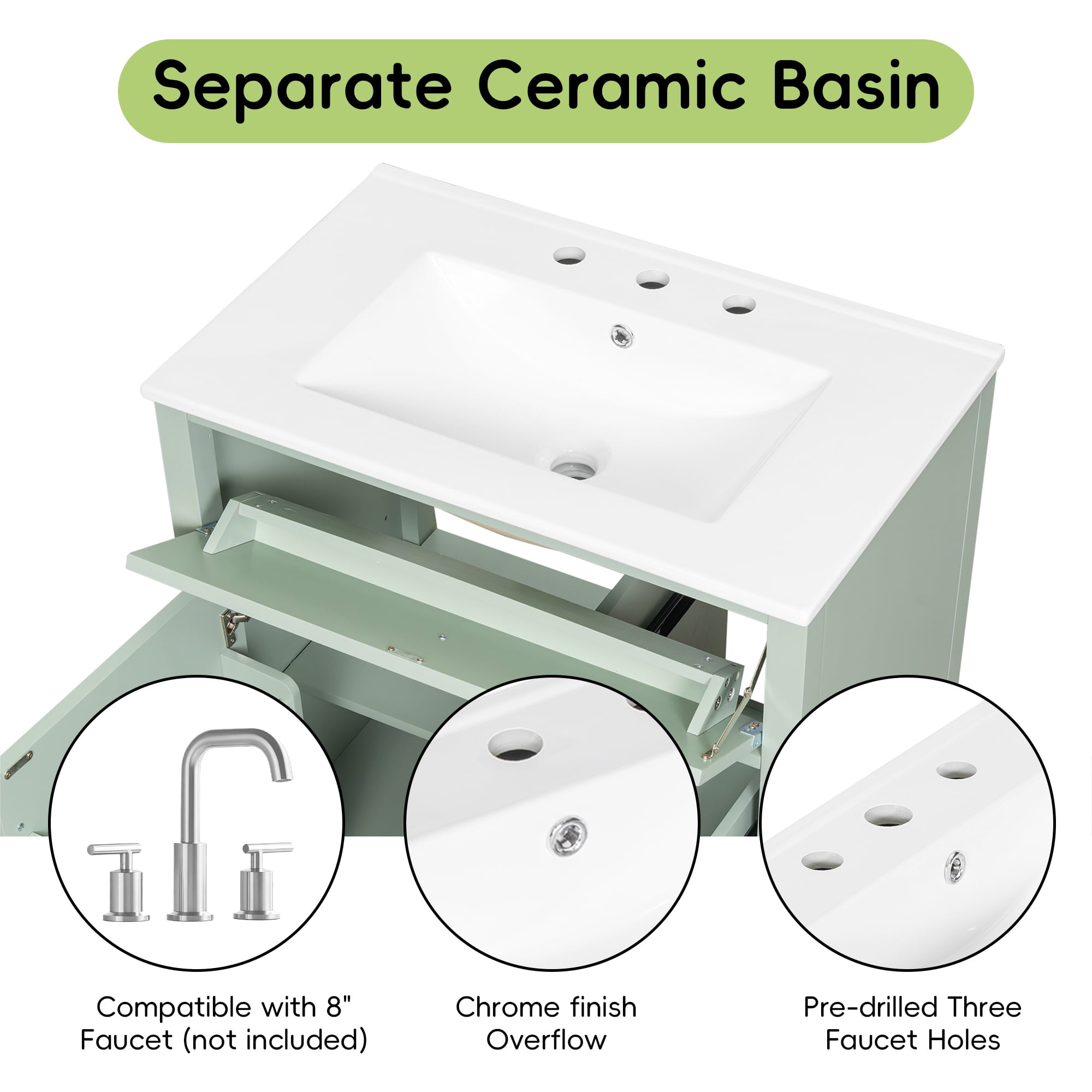 Anpport 30" Freestanding Bathroom Vanity with Sink, Modern MDF & Rubberwood Cabinet, 3 Drawers, Adjustable Shelf & Left‑Side Door, Light Green