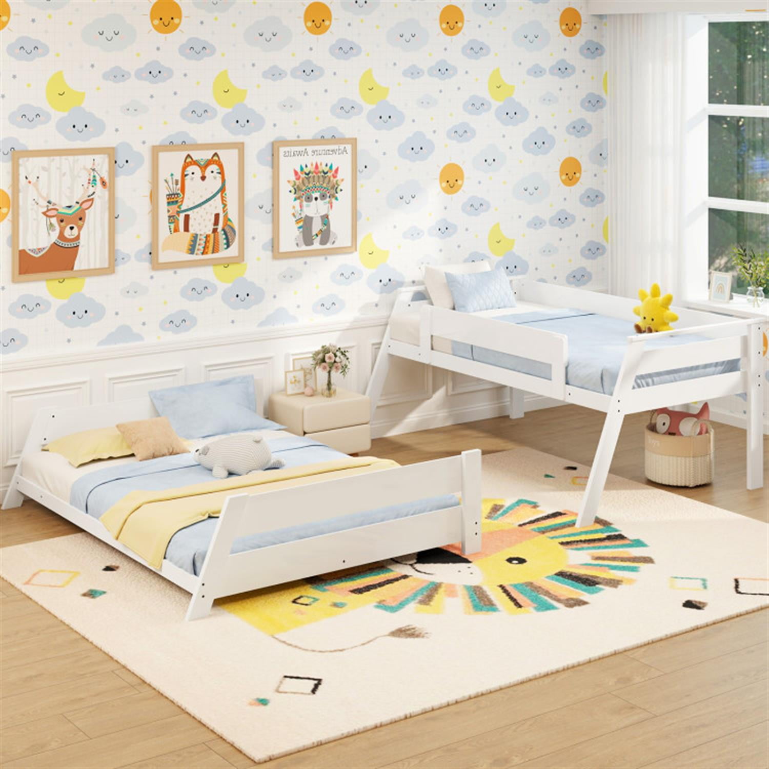 Demi Bonn Twin Over Full Low Bunk Bed with Reversible Ladder, Solid Wood Floor Bunkbeds Frame for Bedroom, No Box Spring Needed, White