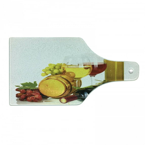 Wine Cutting Board, Composition with Small Cask 2 Types of Grapes Drinks Beverage Product, Decorative Tempered Glass Cutting and Serving Board, Wine Bottle Shape, Red Yellow Pale Green, by Ambesonne