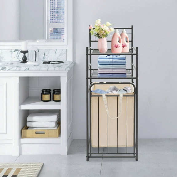 3-Tier Laundry Storage Basket Rack Laundry Rack with Removable Bag Laundry Basket with Shelf for Homes