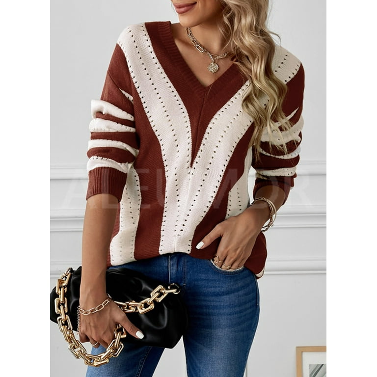 Sweater for Women Color Block Brown Striped V Neck Long Sleeve - Main Image