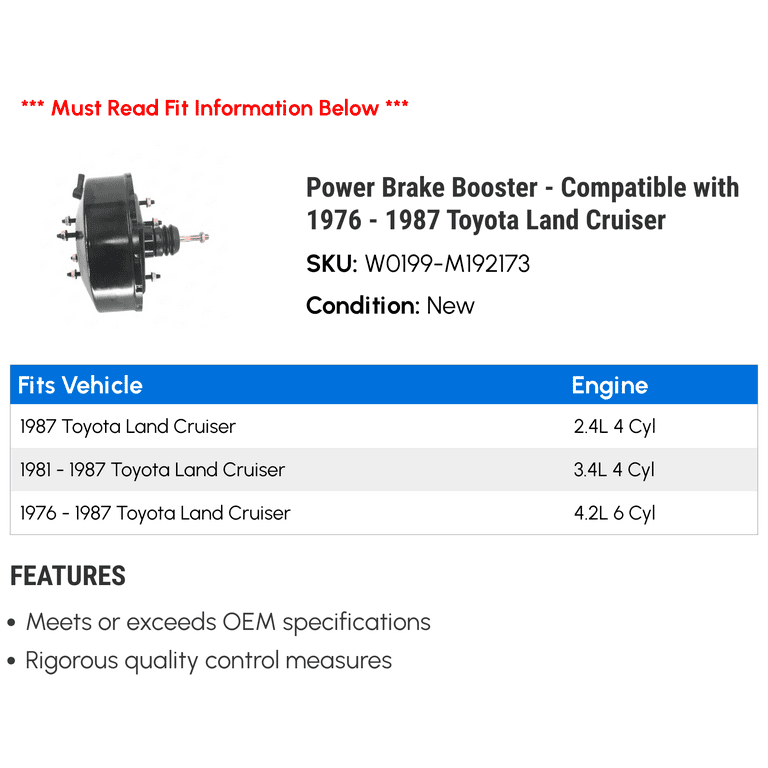 Power Brake Booster - Compatible with 1976 - 1987 Toyota