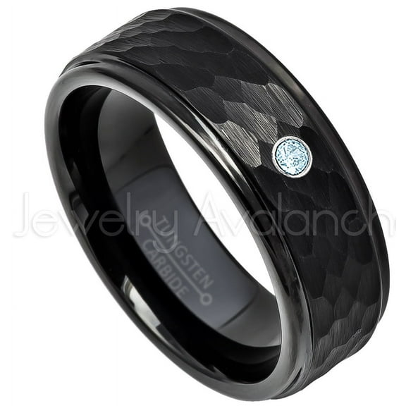 Hammered Black Tungsten Ring - 0.07ct Solitaire Topaz Ring - Personalized Tungsten Wedding Ring - Custom Made November Birthstone Ring TN614BS