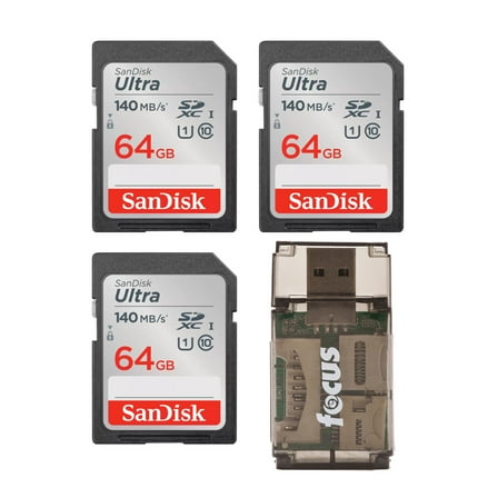 SanDisk 64GB 140 MB/s UHS-I SDXC Memory Card (3-pack) with All-In-One High Speed Card Reader