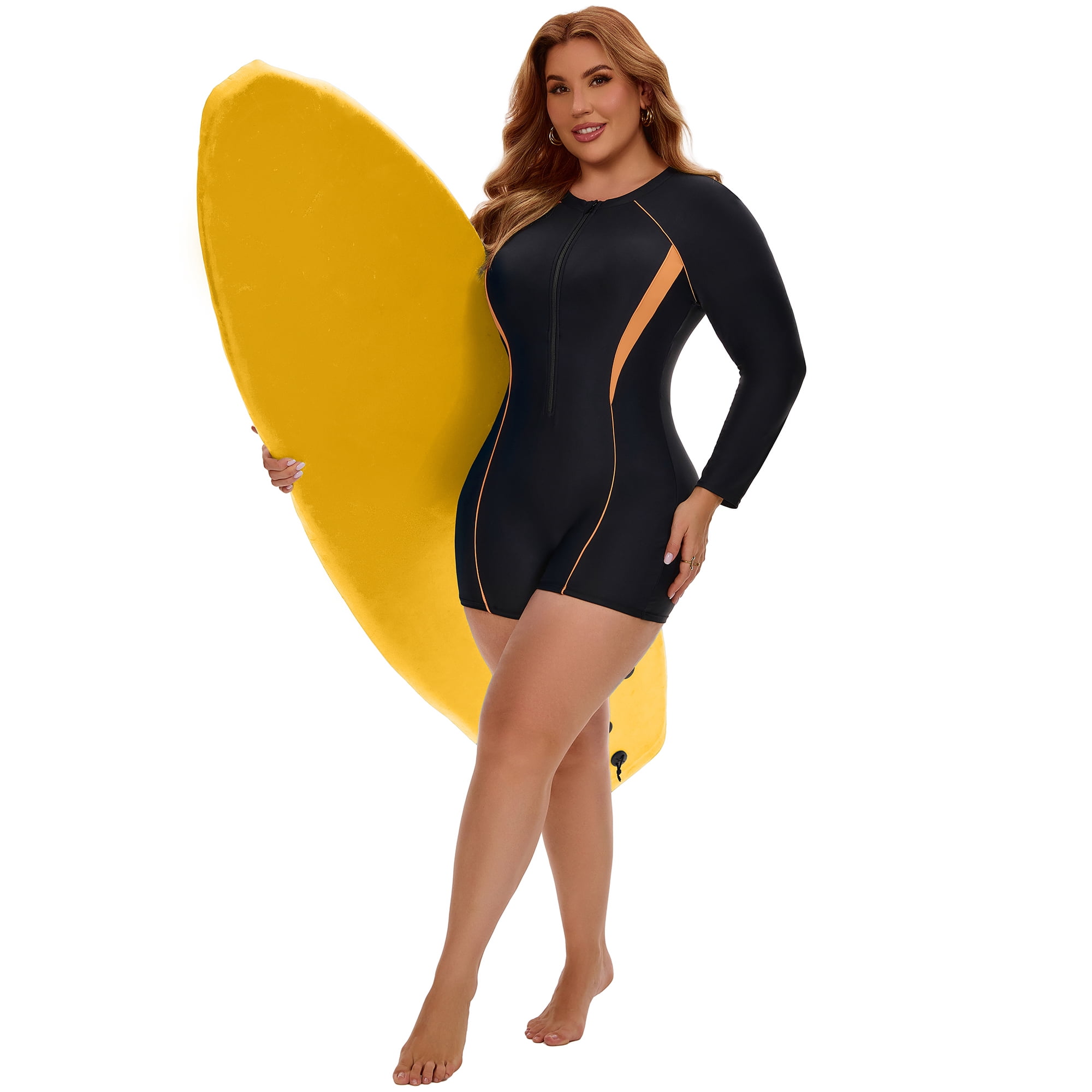 DARING DIVA Women's Plus Long Sleeve Surfing Bathing 1 Suit 1X Black Orange
