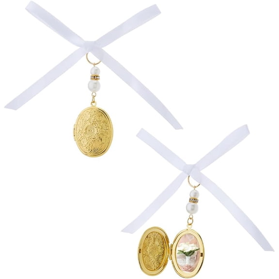 1 Set 2Pcs Bowknot Bouquet Photo Locket Charms Brass Locket Pendant Decorations with Imitated Pearl Beads and Satin Ribbon Gold Oval Rial Angel Photo Pendants for Bridal Decorations diy Golden