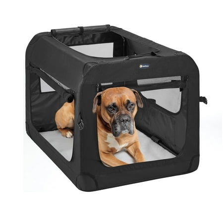 Veehoo Folding Soft Dog Crate  3-Door Pet Kennel  600D Cationic Oxford Fabric  28   Black