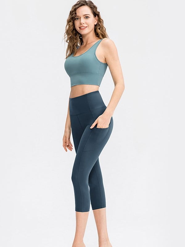 Leggings for Women Hight Waist Tummy Control Capris Seamless Sports Tight Elastic Quick Dry Solid Color Yoga Running Workout Gym Pants with Pocket