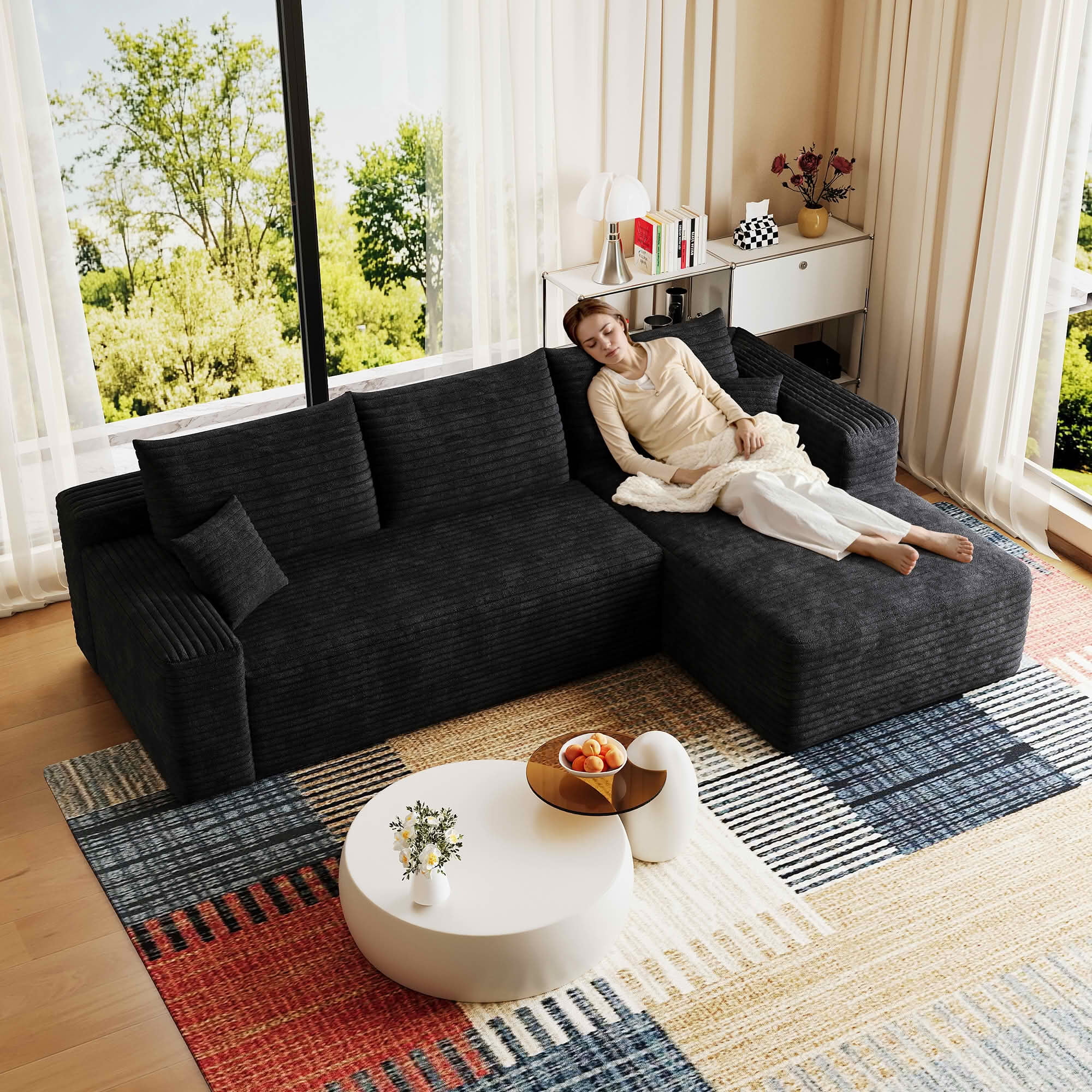 MAYEERTY 94-Inch Black Plush Corduroy 3-Seat U-Shaped Cloud Modular Sectional Sofa, Deep Seat Corner Couch No Assembly Required