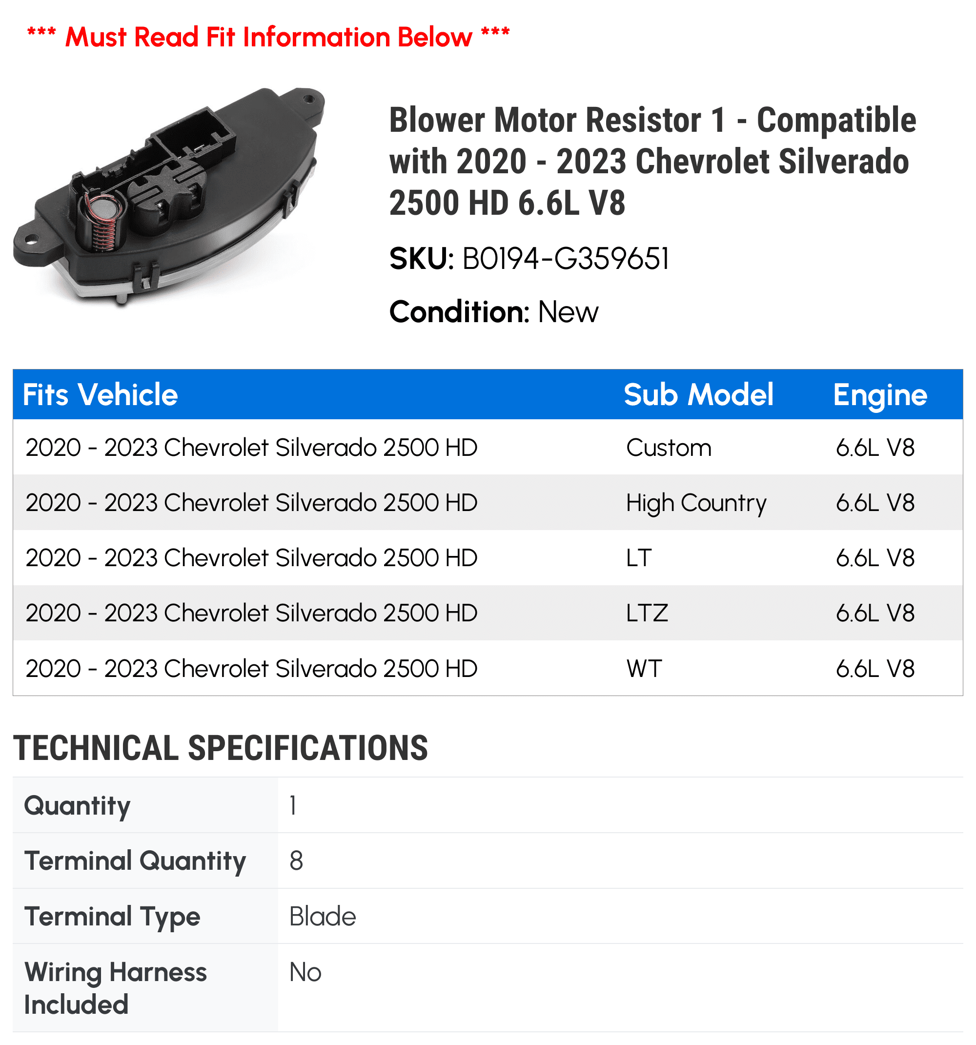Blower Motor Resistor 1 - Compatible with 2020 - 2023 Chevrolet Silverado 2500 HD 6.6L V8 - Autopart Premium