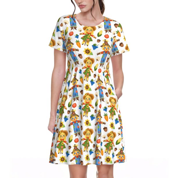 Balery Harvest Scarecrow Pattern Vestidos sueltos de manga corta para mujer, vestidos de verano 2025, vestidos casuales de corte A con vuelo.