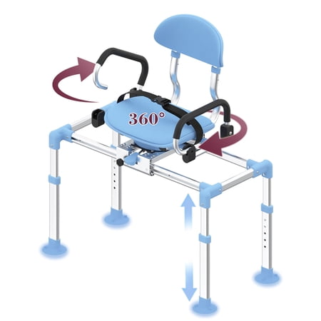Sliding Shower Transfer Bench with 360° Swivel Seat, Adjustable Height & Backrest, Safety Belt, Pivoting Armrests, Blue, 330 lbs Capacity for Elderly