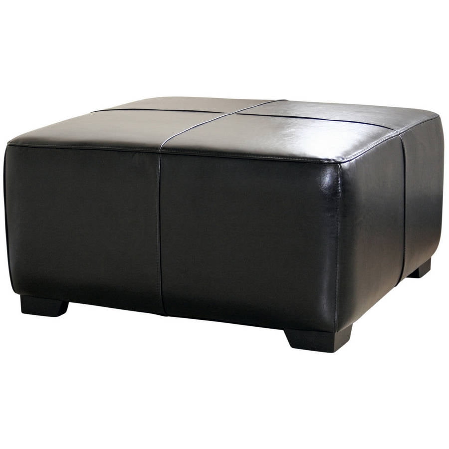 Baxton Studio Black Full Leather Square Ottoman Footstool