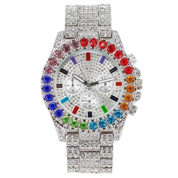Charles Raymond Iced Out Mens Color on Blast Watch Single or Combo Sets with Blinged Out Bracelets Set. Iced Out Colourful Rainbow Flame Collection (ST10327CO SLV)