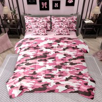 jejeloiu Military Camo Pattern 7-Piece Bedding Comforter Set,Pink White King Bedding Sets For Girls Women Reversible
