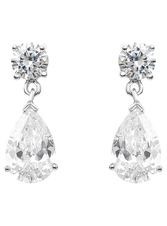 Believe by Brilliance Women's Sterling Silver and Cubic Zirconia Double Stone Pear Drop Earrings