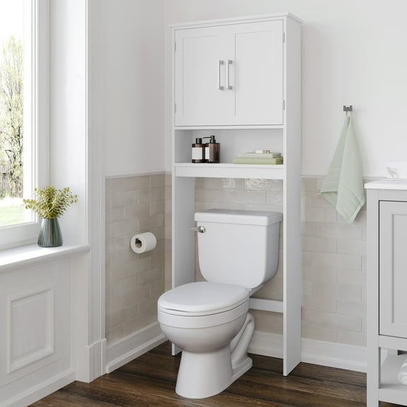 BizChair Over the Toilet Bathroom Storage Cabinet Organizer with 2 Magnetic Closure Doors, Adjustable Cabinet Shelf, and Open Lower Shelf in White