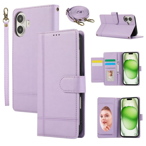 Allytechgroup Wallet Case for Apple iPhone 16 Plus with Crossbody Strap Hand Wrist, Makeup Mirror Cards Slots Cash Pocket RFID Blocking Flip Stand Slim Case Cover for iPhone 16 Plus, Purple