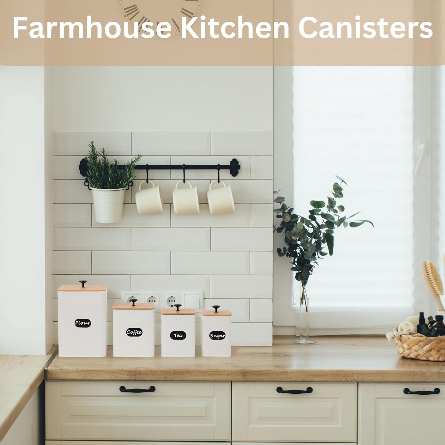 Perfnique Kitchen Canisters, Farmhouse Kitchen Counter Set of 4, Coffee Tea Sugar Jars Food Storage Container (White)