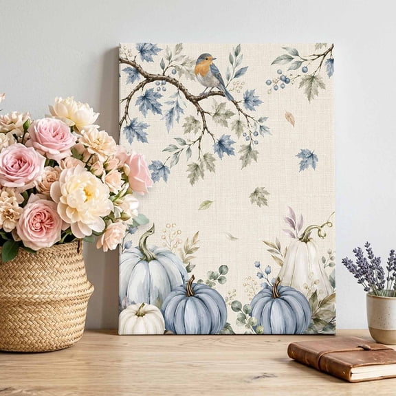 Thanksgiving Blue Pumpkin Canvas Wall Art for Living Room, Fall Country Vintage Bird Tree Leaf Poster Print Painting for Bedroom Office Home Decoration Wall Pictures Prepare To Hang 11"x14"