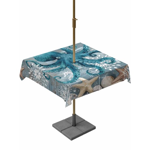 Outdoor Table Cloth with Umbrella Hole and Zipper, Blue Octopus Coastal Waterproof Square Tablecloth 54"x54", Summer Beach Ocean Starfish Coral Washable Table Cover for Outside Party Patio Picnic